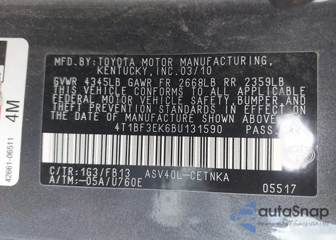 2011 Toyota Camry Le z USA, uszkodzony, nr VIN 4T1BF3EK6BU131590